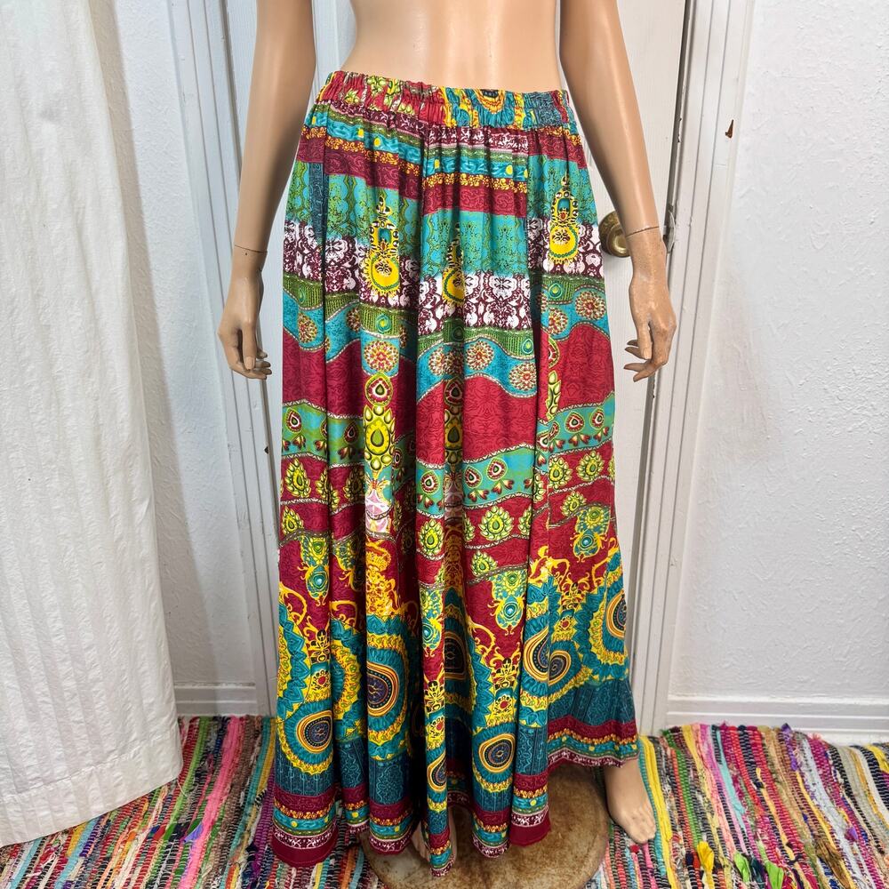 Multicolor Medallion Paisley Print Full Maxi Skirt One Size Boho Hippie Festival
